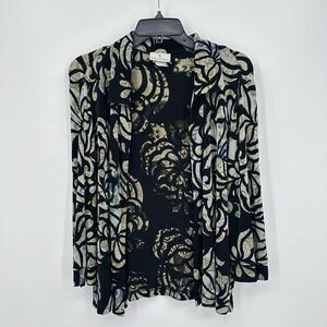 Vtg The Travel Collection Slinky Cardigan Womens L Black Green Floral Open Front